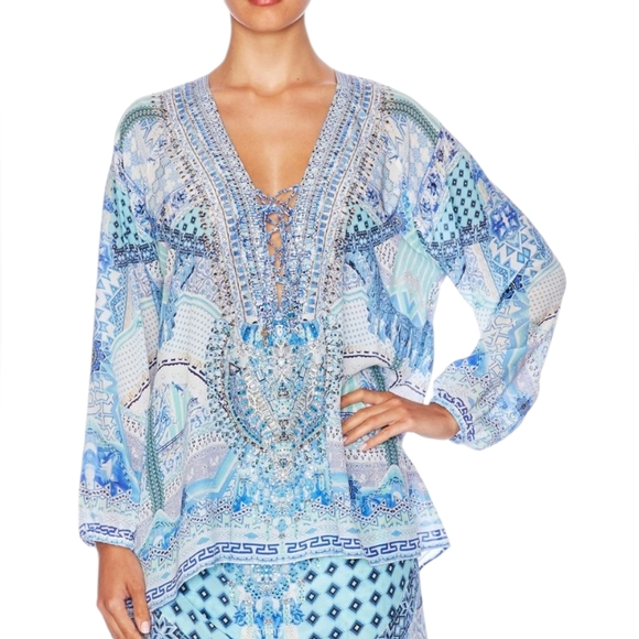 Camilla Tops - CAMILLA Day Dreamer Silk Embellished Lace Up Tunic Top Shirt Blouse Designer S